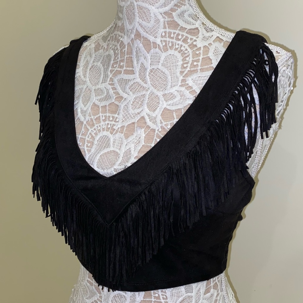 Black Fringe V-Neck Crop Top